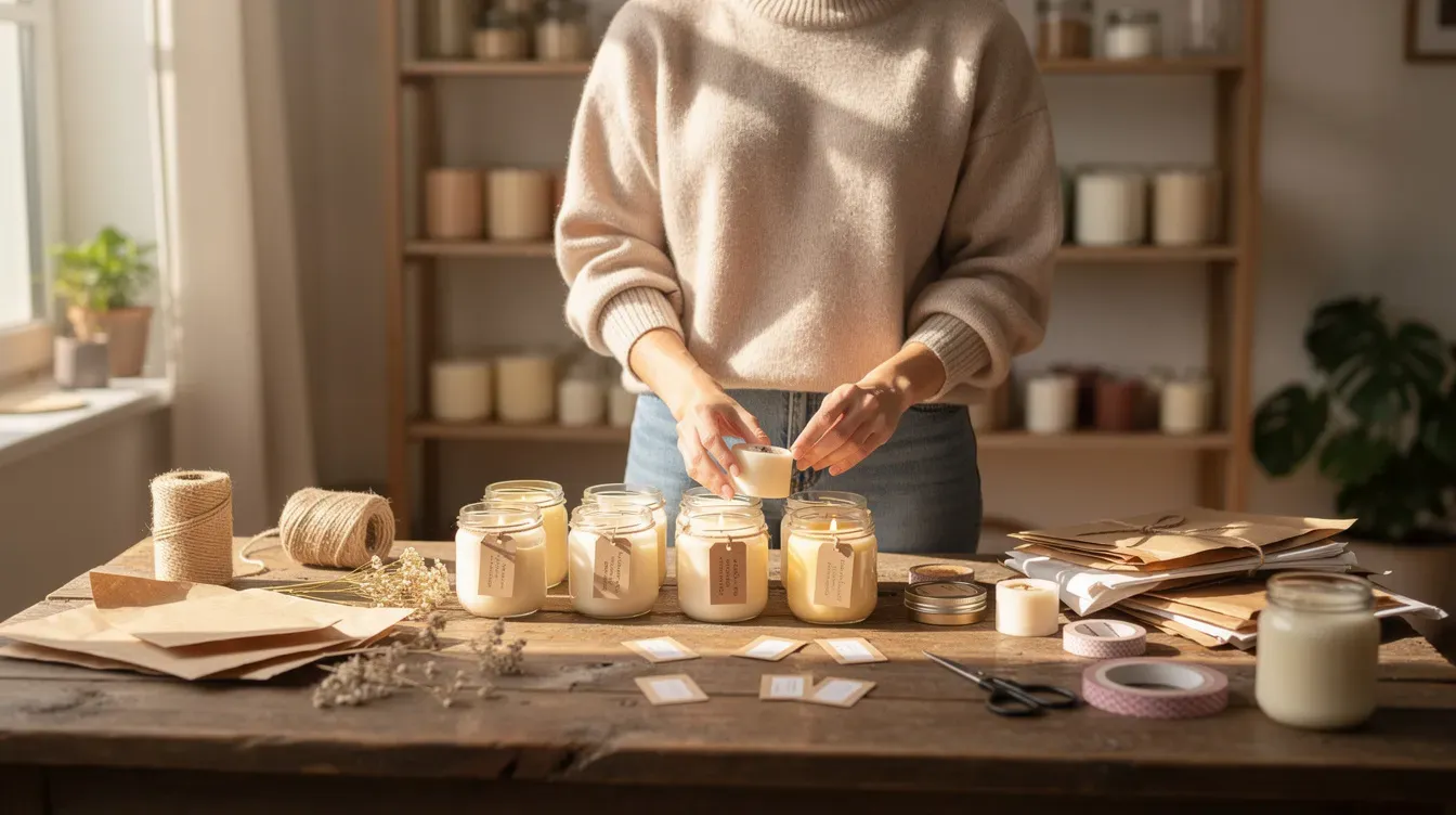 A person is carefully arranging handmade candles and various craft supplies on a rustic wooden table at home, showcasing a potential small business idea focused on creating unique, personalized products. The scene reflects a creative workspace that could inspire local businesses and entrepreneurs looking to start a profitable venture with low startup costs.