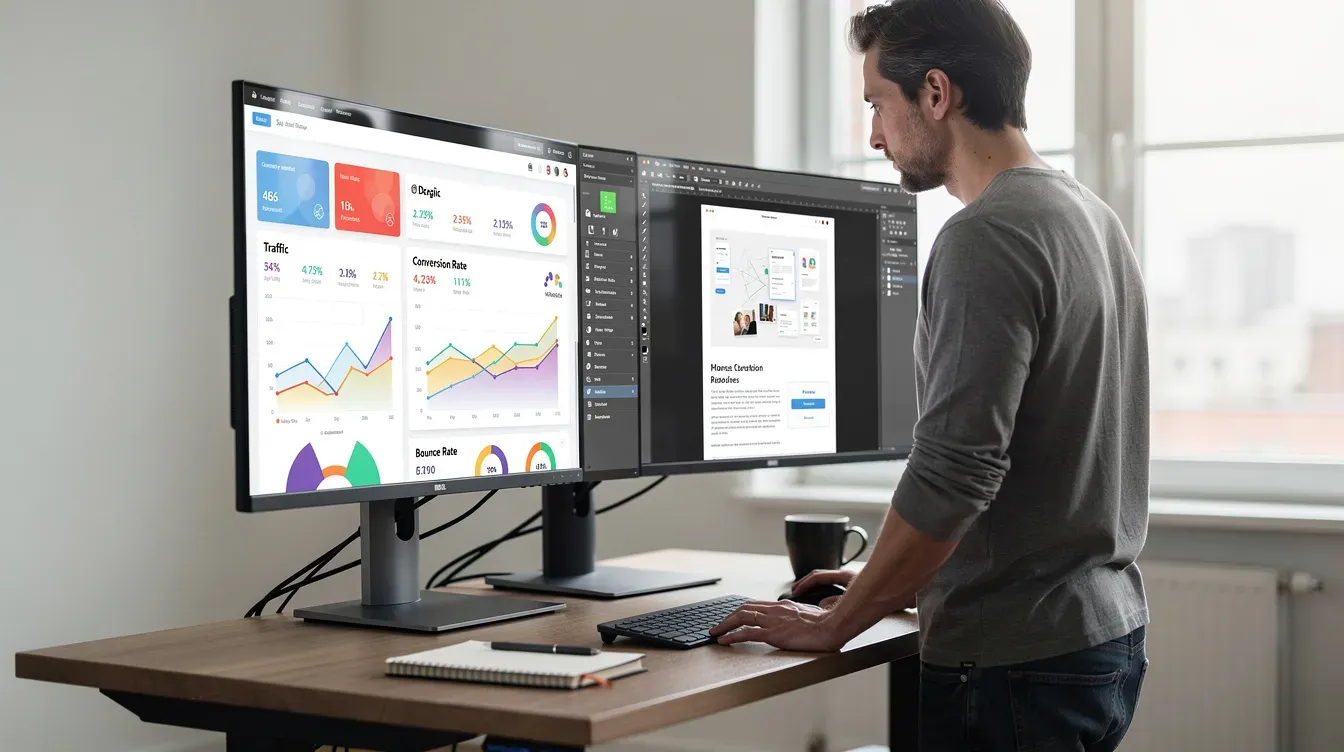 A person is working at a standing desk equipped with dual monitors, displaying website analytics and design software, which suggests they are involved in managing a small business or online venture. This setup highlights the importance of a strong online presence and effective market research for small business owners looking to attract new customers.