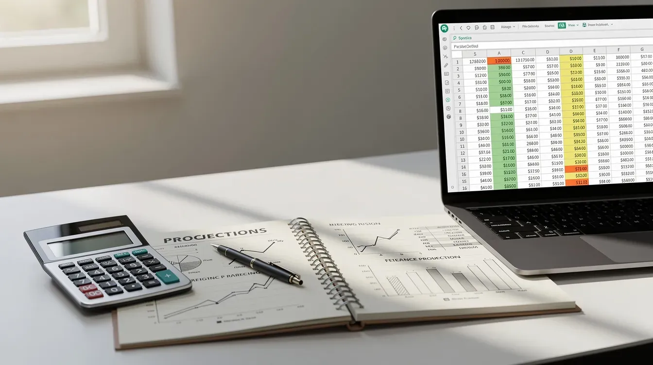 The image shows a desk equipped with a calculator, a notebook filled with financial projections, and a laptop displaying a spreadsheet, all essential tools for small business owners planning their business model and operations. This setup reflects the organized approach needed to start a business and manage finances effectively.