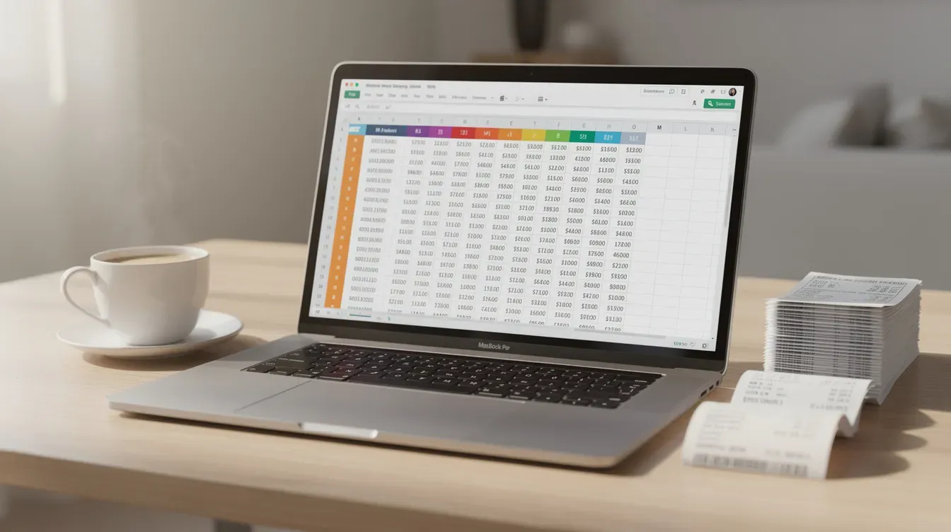 The image depicts a tidy workspace featuring a laptop displaying a spreadsheet with financial records, a steaming cup of coffee, and a stack of receipts, suggesting an environment conducive to managing company accounts and preparing for filing deadlines with Companies House. This setup reflects the importance of maintaining organized documentation for annual accounts and profit and loss statements.
