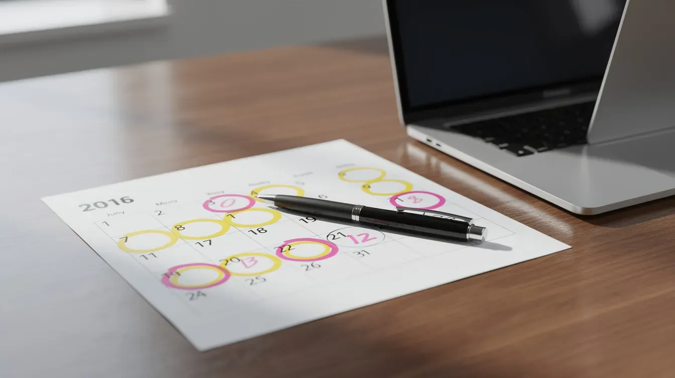 The image shows a calendar on a desk with several highlighted dates, accompanied by a pen and a laptop. This setup suggests planning for important deadlines related to filing company accounts and ensuring compliance with the Companies House service.