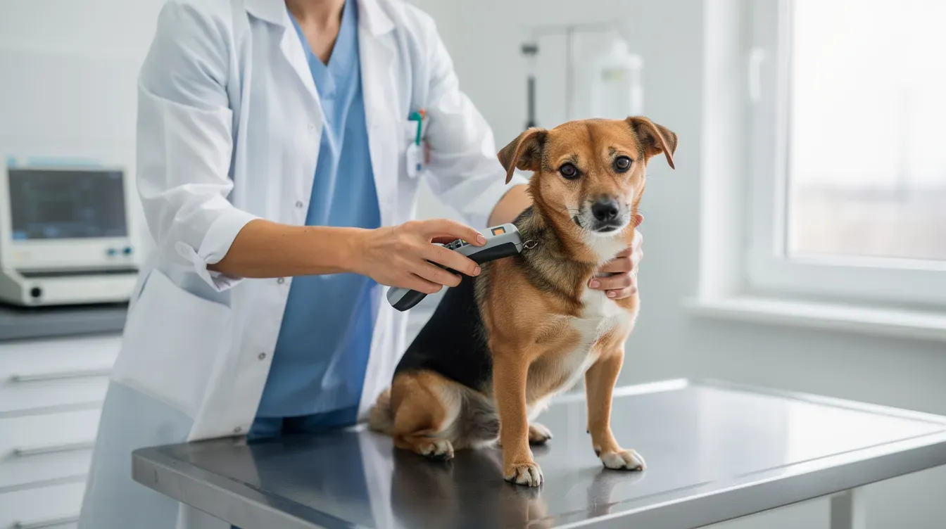 A veterinarian is scanning a small dog with a microchip reader in a clinic, ensuring the pet's microchip is registered for travel. This process is essential for pet owners who wish to obtain a pet passport or travel document for their pet dog.