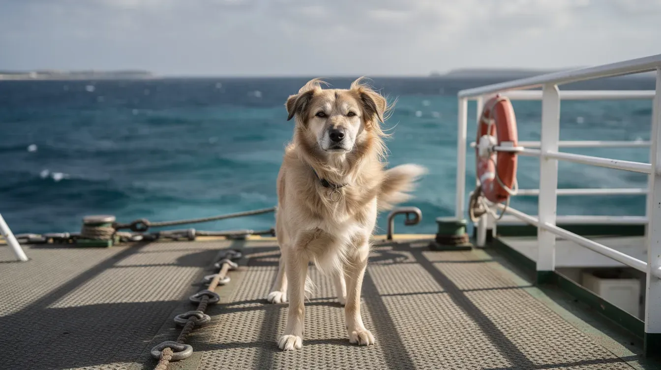A pet dog stands on the deck of a ferry, gazing out at the sea in the background. This scene highlights the joy of pet travel, as the dog enjoys the fresh air and scenic views during its journey.