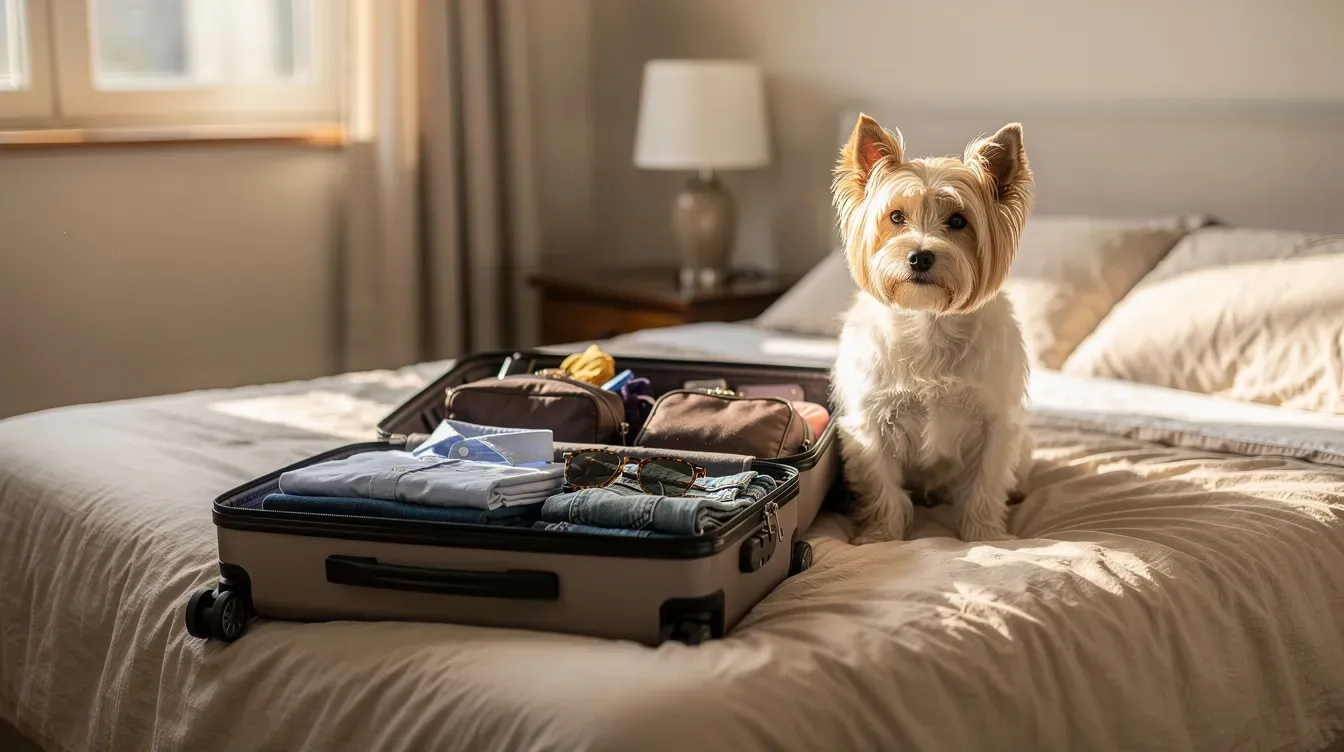 An open suitcase is displayed on a bed, filled with various travel essentials, while a small dog sits contentedly beside it, ready for an adventure. This scene captures the excitement of pet travel, highlighting the importance of having the correct documents like a pet passport for smooth journeys.