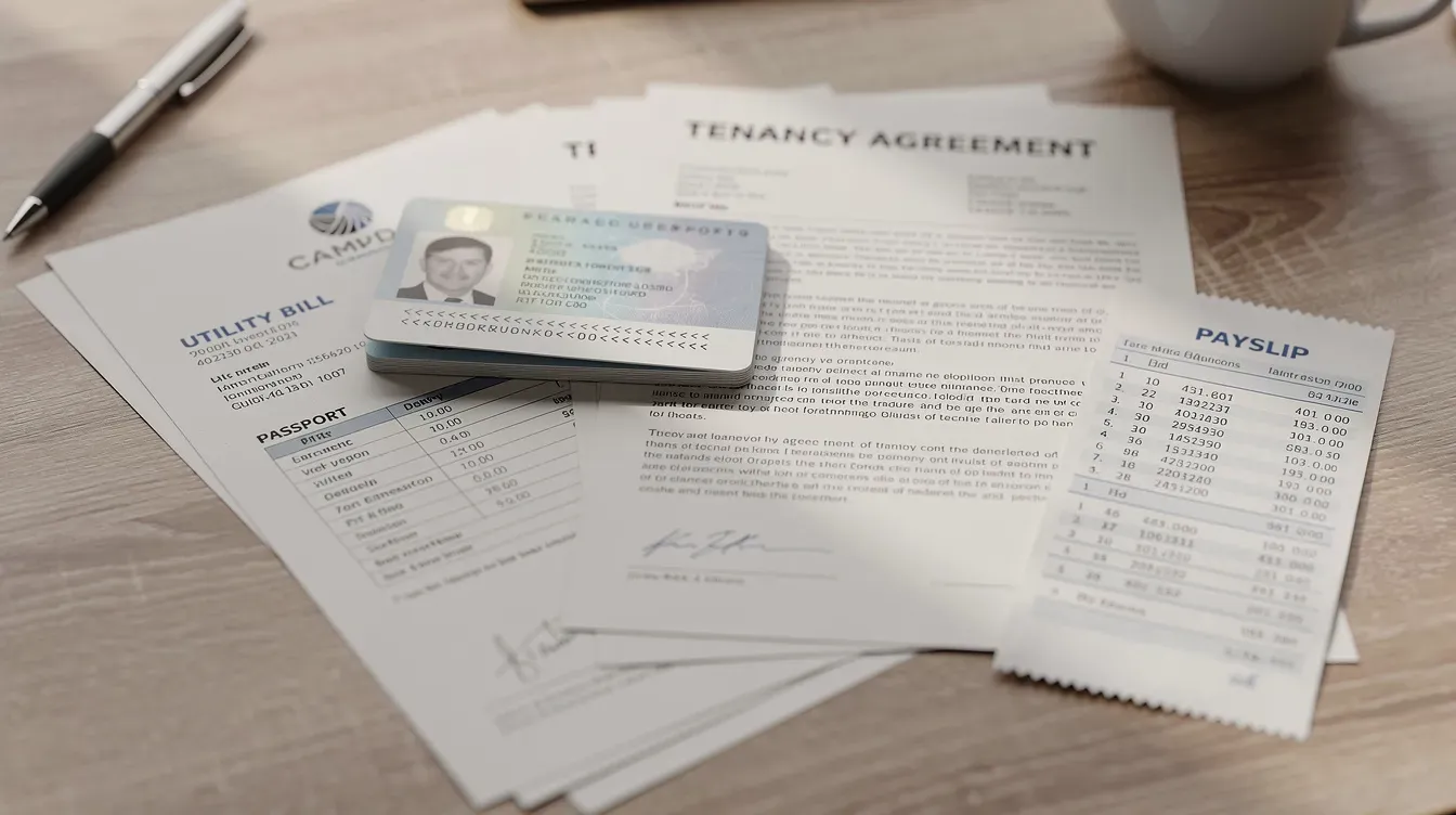 A stack of important documents rests on a desk, including a passport, utility bill, tenancy agreement, and payslip, which may be needed for a universal credit claim or to provide evidence for other benefits. These papers are essential for individuals navigating their universal credit account or applying online for financial support.