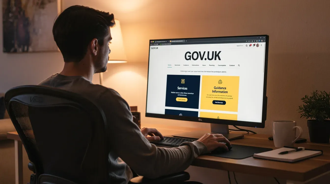 An individual is seated at a desk using a desktop computer, with the GOV.UK website displayed on the screen, likely navigating through options related to their universal credit claim or online account. The environment appears cozy and personal, indicating that they are at home while managing their benefits.