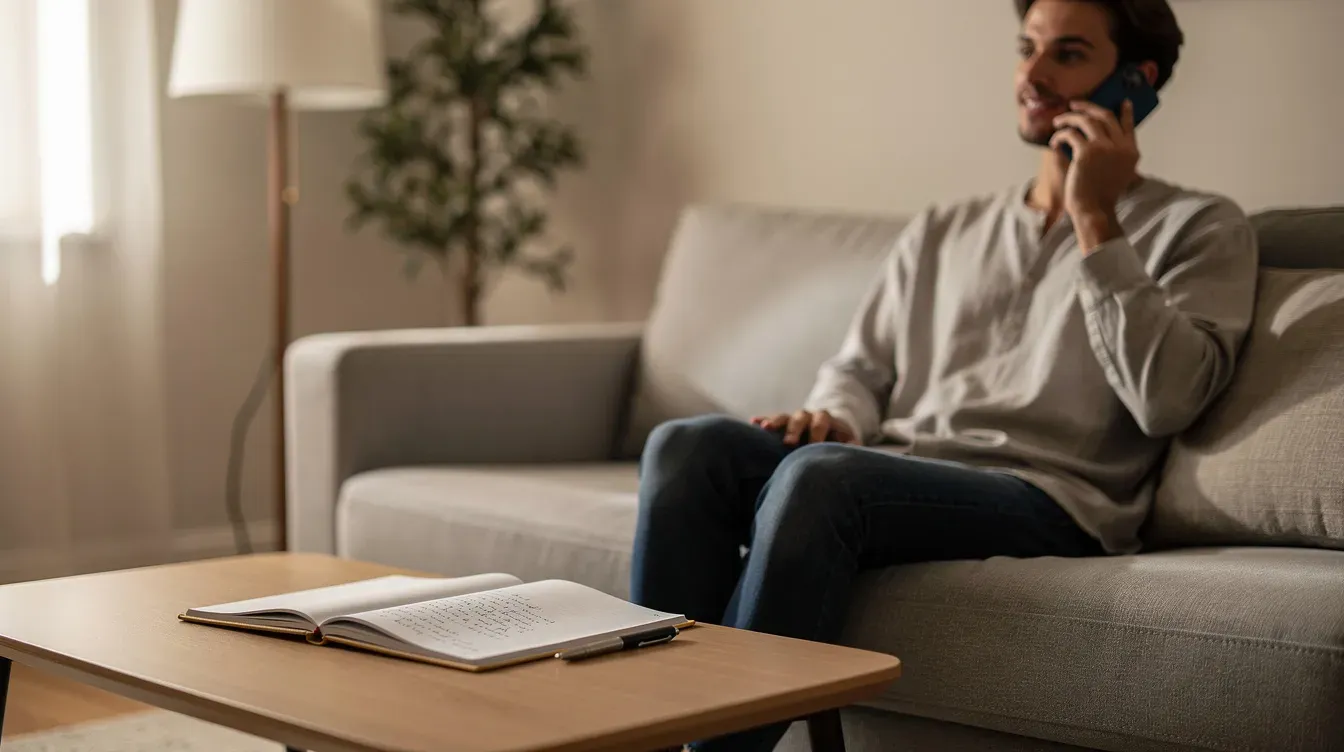 A person is sitting on a sofa, making a phone call with a mobile phone, while a notepad and pen are placed nearby, possibly to jot down important details related to their universal credit claim or other benefits. The setting suggests they are preparing to discuss their financial situation or seek support regarding their benefits.