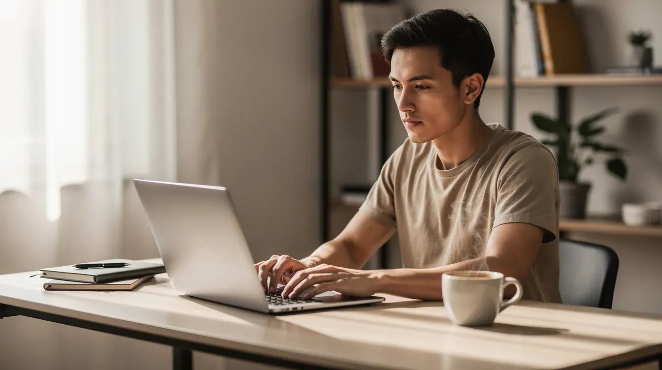 An individual is seated at a desk, focused on their laptop computer while enjoying a cup of coffee beside them, possibly working on their British passport application or gathering supporting documents for the process. The scene captures a moment of concentration and productivity in a home office setting.