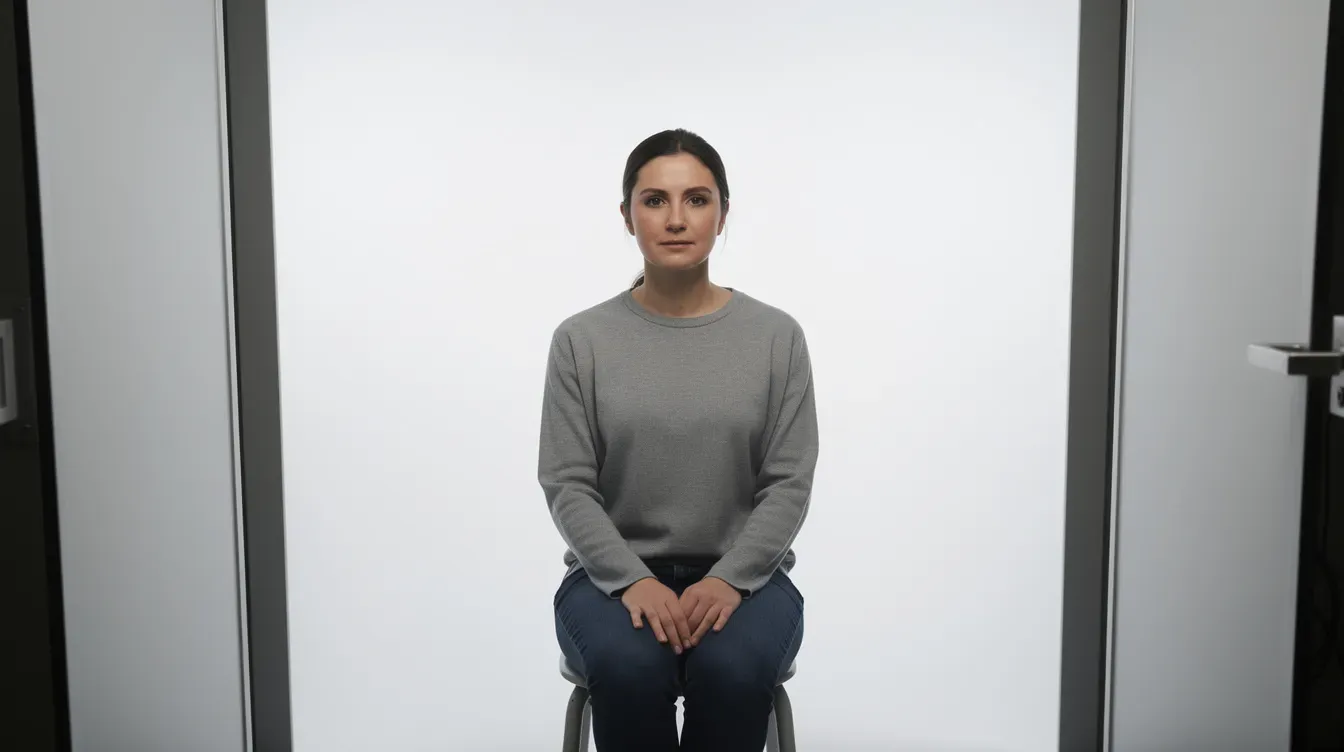 A person is standing in a photo booth with a plain white background, preparing to have their passport photograph taken for their British passport application. The booth is designed to capture a true likeness, ensuring that the image meets the requirements for valid passport photographs.