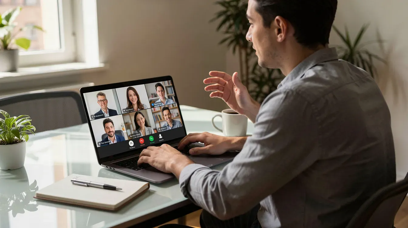 A person is sitting at a desk, engaged in a video call on their laptop, likely discussing details related to their British passport application or the application process for a valid passport. The setting is informal, suggesting a home office environment.