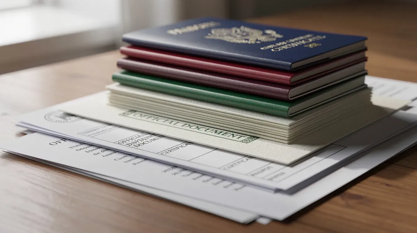 The image shows a neatly organized stack of passports, including a British passport, birth certificates, and other supporting documents placed on a table, symbolizing the preparation for an overseas British passport application. This arrangement highlights the importance of having all required documents ready for a passport application process at a UK passport office.