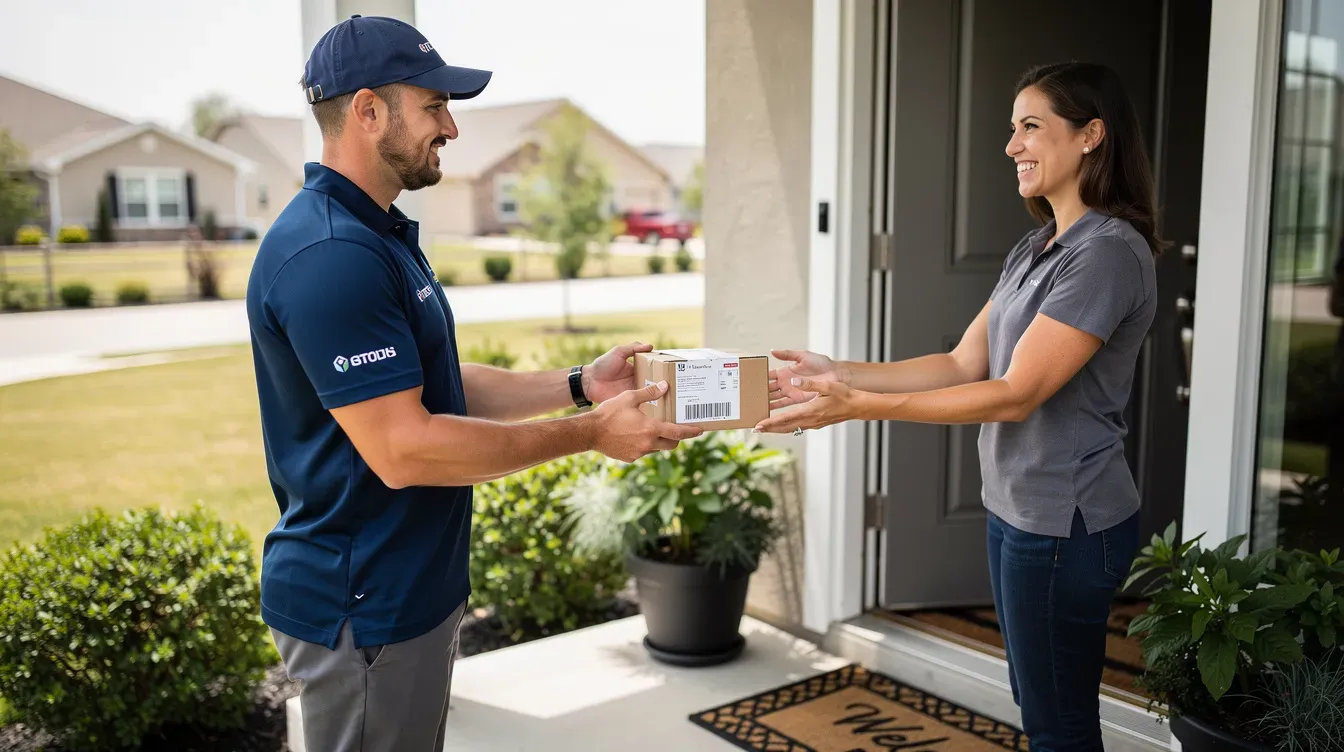 A courier is delivering a sealed package at a front door, possibly containing important identity documents such as a passport application or supporting documents for a UK passport. The scene highlights the process of submitting overseas British passport applications, ensuring that all required documents are securely handled.