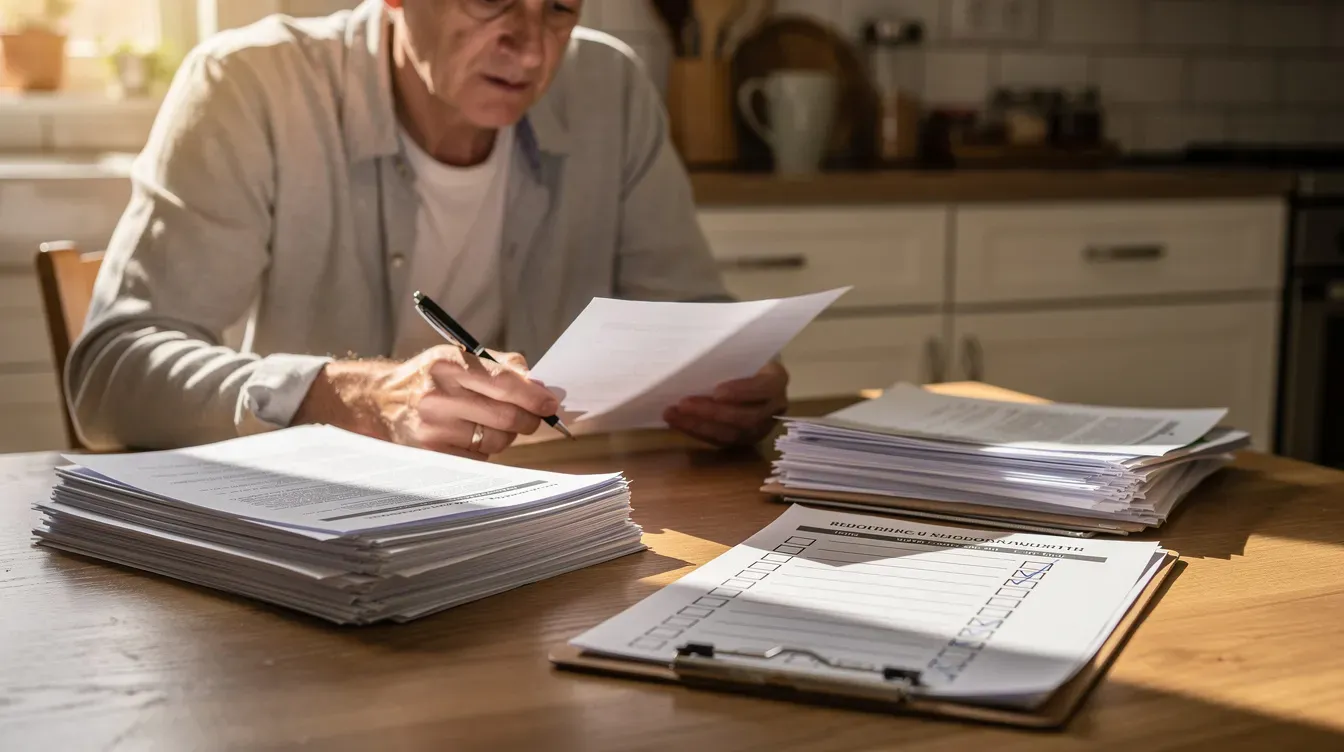A person is sitting at a kitchen table, carefully reviewing their passport application documents against a printed checklist to ensure all required supporting documents are in order for their UK passport application. The scene conveys a sense of focus and preparation, highlighting the importance of submitting complete and accurate identity documents to the passport office.