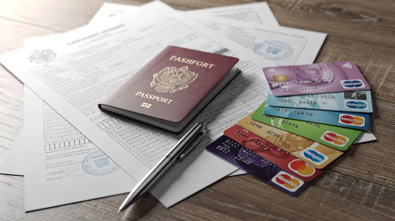 The image shows a collection of official documents, including a passport, bank cards, and a pen, neatly arranged on a desk, suggesting preparation for a universal credit application or claim. This setup may also include essential items for managing a bank account or accessing benefits.