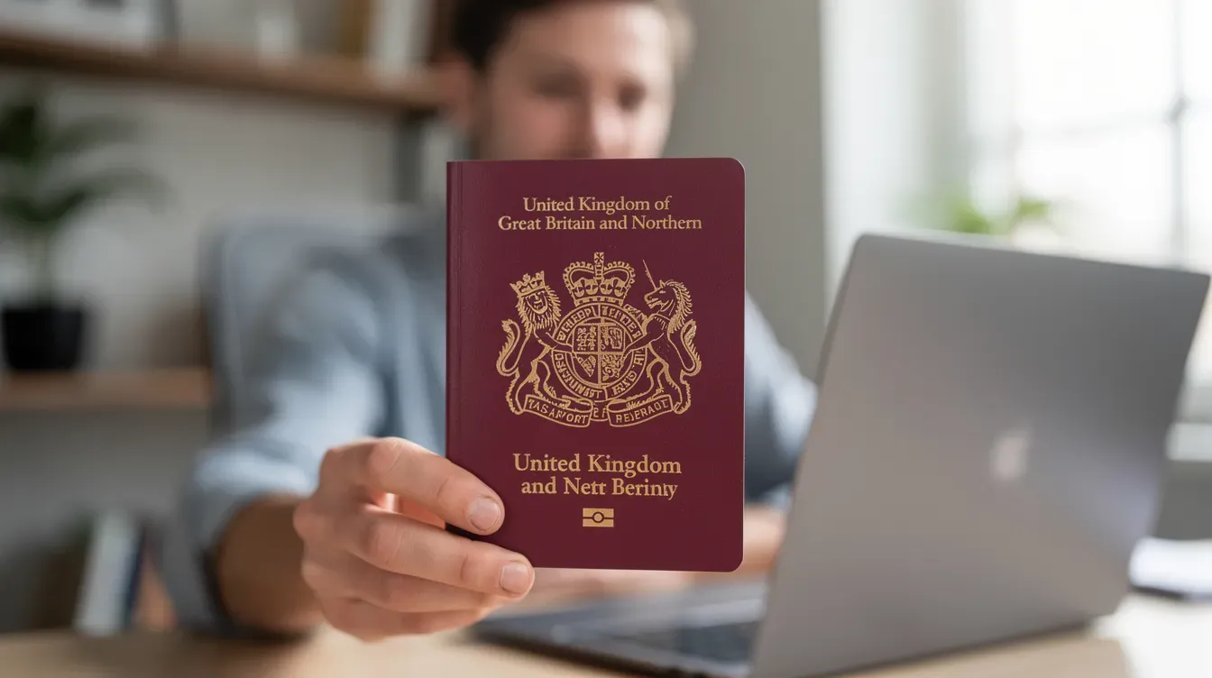 A person is holding up a UK passport in front of a webcam, while a laptop screen displays their online account for claiming universal credit. This image illustrates the process of verifying identity online as part of a universal credit application.