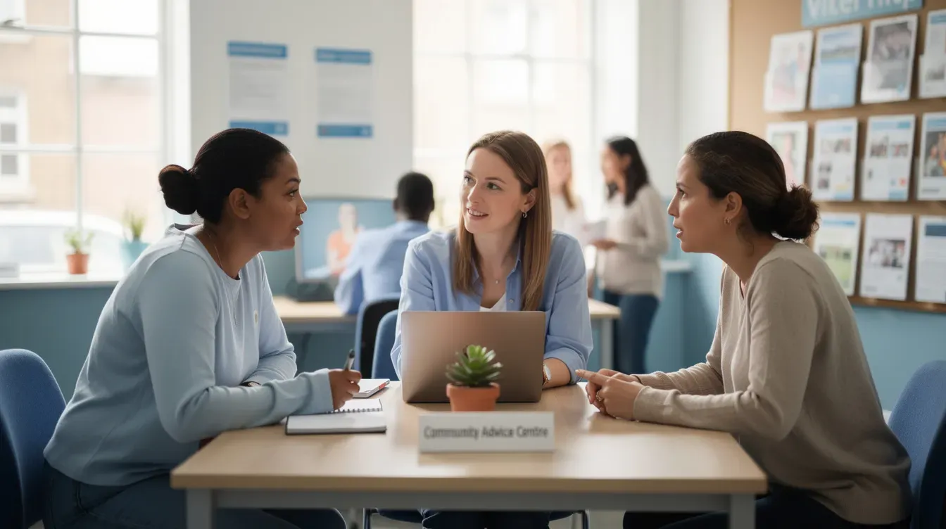 The image shows two individuals engaged in a conversation at a support desk in a community advice centre, discussing topics related to universal credit applications and how to manage their online accounts. The setting reflects a supportive environment where people can seek guidance on benefits and financial assistance.