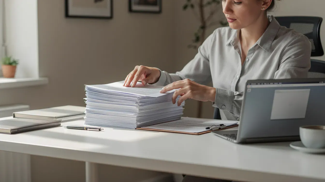 The image shows a person sitting at a desk, organizing various documents next to an open laptop, likely related to company information and the appointment of directors. The scene suggests a focus on compliance with legal requirements, such as notifying Companies House and preparing for a board meeting.