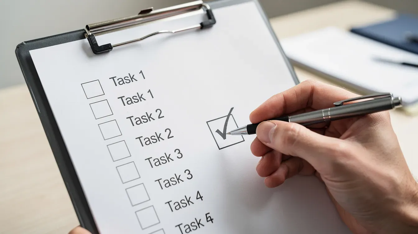 A hand is holding a pen and checking off items on a printed checklist attached to a clipboard, which includes tasks related to the appointment of directors, such as notifying Companies House and ensuring compliance with legal requirements. The scene suggests a meticulous process of verifying information and completing necessary forms for a private limited company.