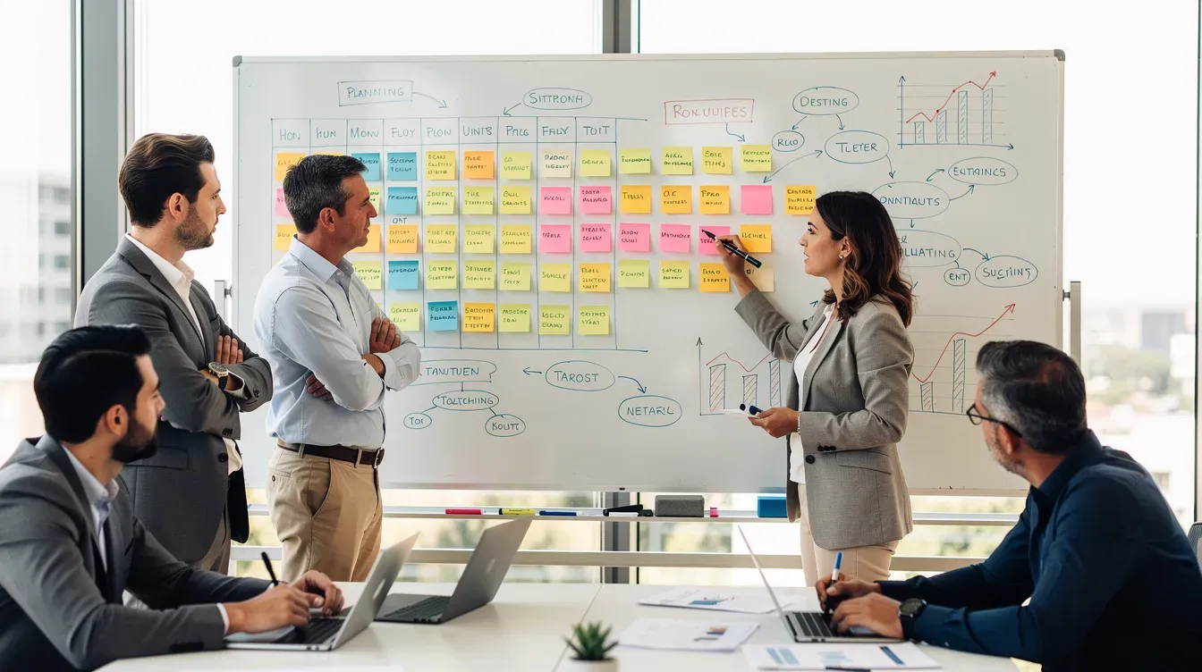 A diverse team is gathered around a whiteboard filled with colorful sticky notes and charts, actively discussing their business plan and strategies for targeting their market. The atmosphere is collaborative as they outline their financial projections and marketing strategies to attract potential investors.