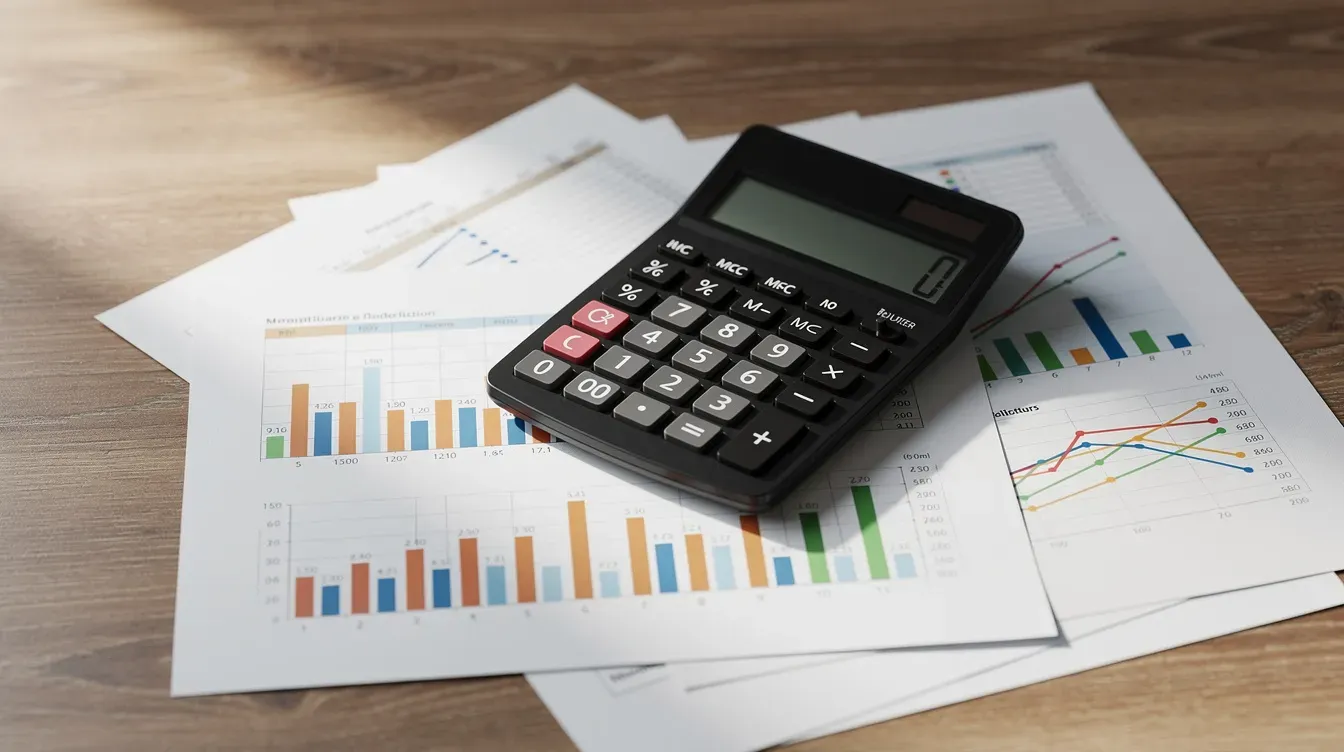 The image features a calculator resting on top of printed financial spreadsheets and charts, all placed on a wooden desk, symbolizing the essential tools for creating a well-structured business plan. This setting reflects the importance of financial projections and market analysis in developing a successful business strategy.