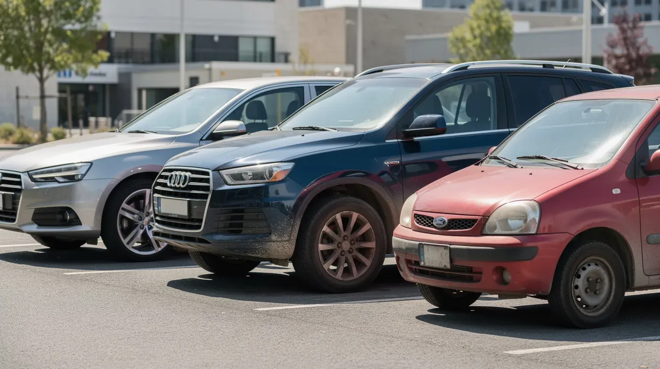 The image shows three cars parked side by side: a shiny new sedan, a mid-age SUV, and an older compact hatchback, representing a range of vehicle options that may appeal to different buyers. This scene highlights the importance of considering car warranties, as each vehicle may require different levels of coverage for peace of mind against unexpected repair costs.