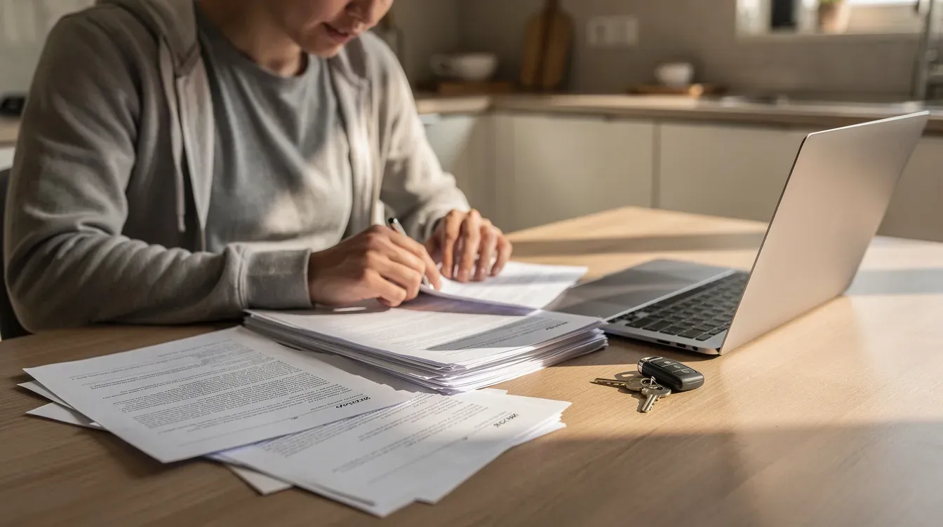 A person is seated at a kitchen table, reviewing paperwork related to their car warranty, with car keys and a laptop positioned nearby. The scene suggests a focus on managing expenses related to car repairs and insurance, highlighting the importance of understanding warranty cover for peace of mind against unexpected costs.