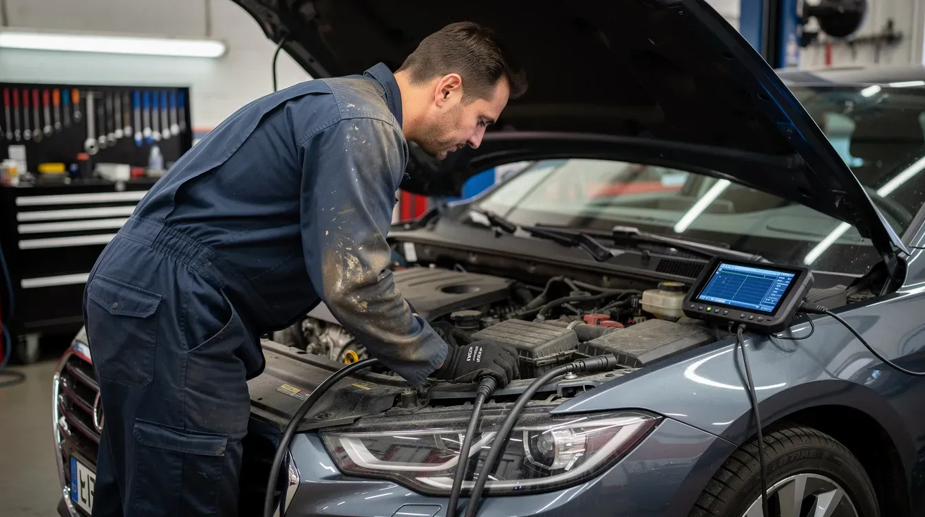 A mechanic is working under the open bonnet of a car, using diagnostic equipment to assess the vehicle's systems and components. This scene highlights the importance of car warranties and extended warranties, providing peace of mind against unexpected repair costs and mechanical failures.
