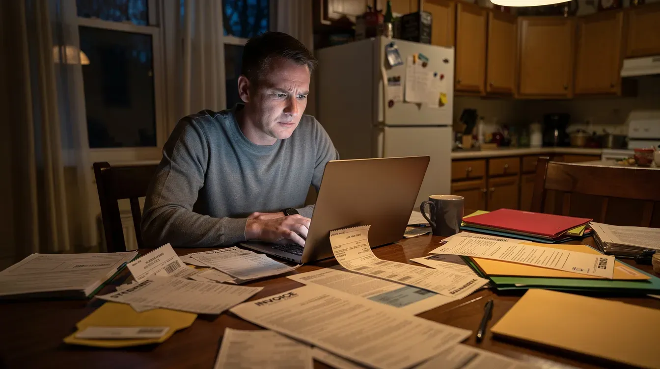 A person is sitting at a kitchen table, using a laptop surrounded by bills and letters, indicating they may be seeking financial support or benefits advice related to living costs and welfare benefits. The scene suggests a focus on managing finances, potentially for low-income families or individuals navigating disability benefits and other assistance programs.