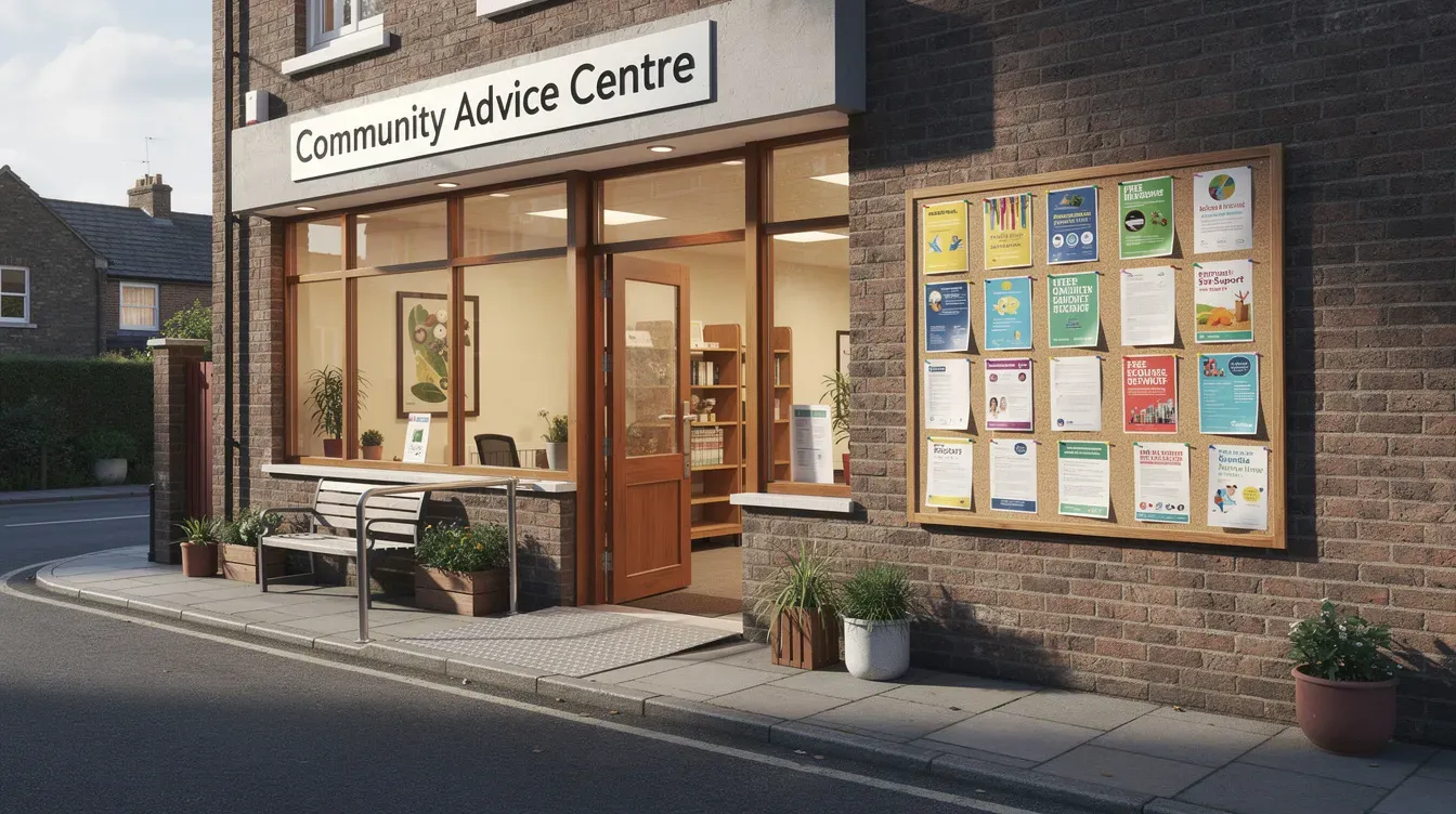 The image shows the exterior of a welcoming community advice centre, featuring an open door and a notice board displaying information about benefits advice services such as universal credit and disability benefits. This inviting space aims to support individuals and families seeking financial support and guidance from local council organisations.