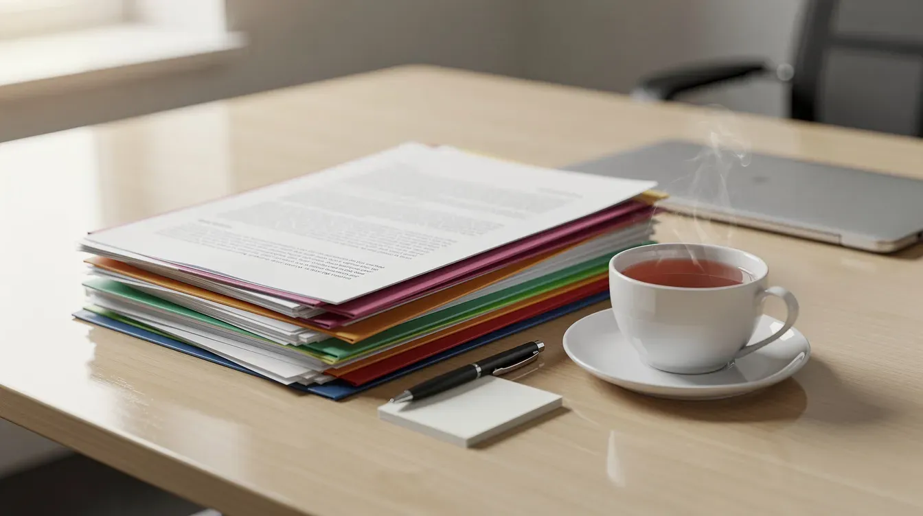 The image shows a tidy stack of documents and folders on a table alongside a cup of tea, indicating preparation for a meeting related to benefits advice, such as universal credit and disability benefits. This setup suggests a focus on providing support and information for individuals seeking financial assistance and welfare benefits.