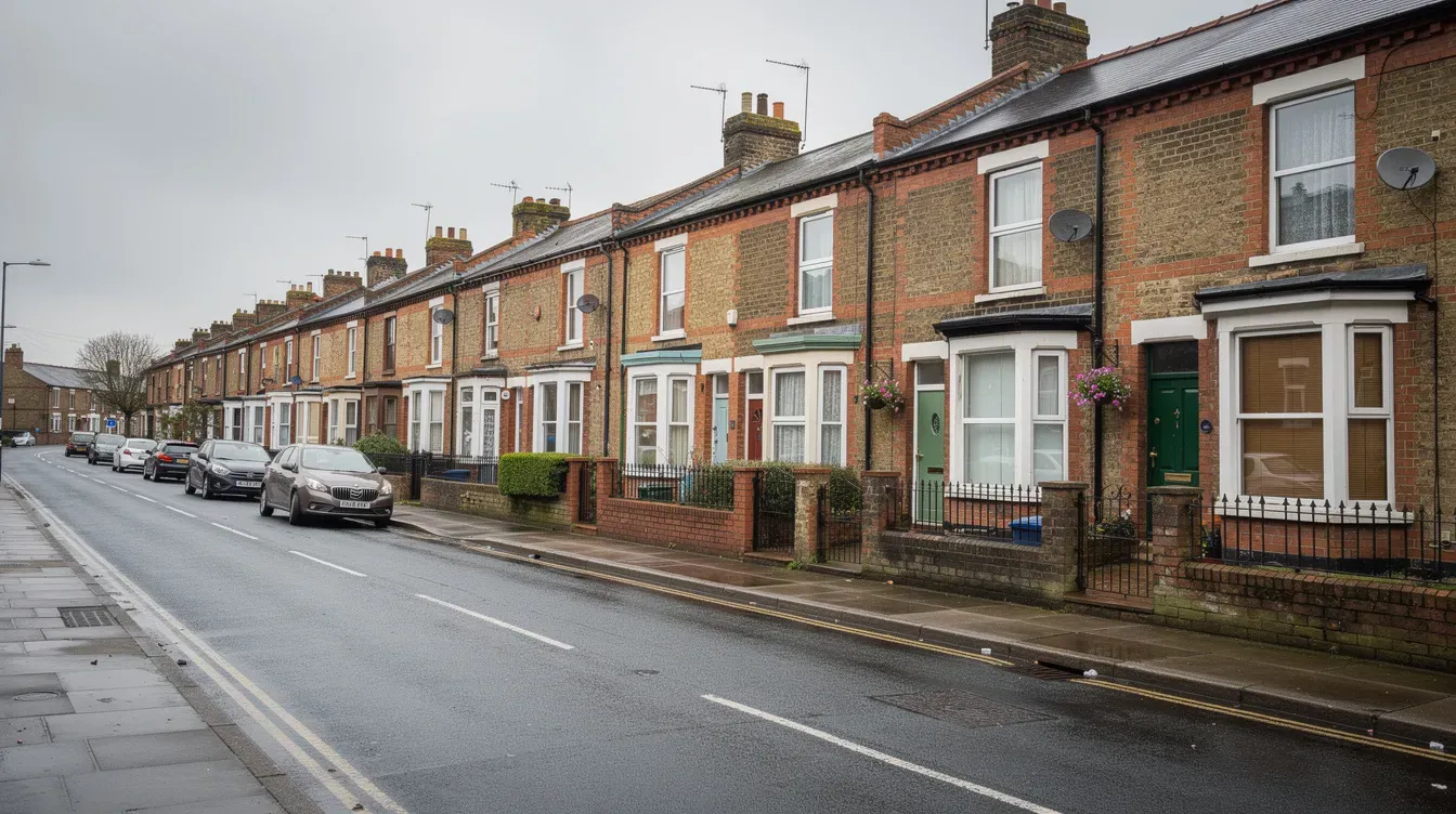 The image shows a row of terraced houses on a quiet residential street in the UK, reflecting typical housing styles where many families and single adults reside. These homes may be inhabited by individuals affected by the benefit cap, who rely on various support allowances such as housing benefit or universal credit to manage their living expenses.