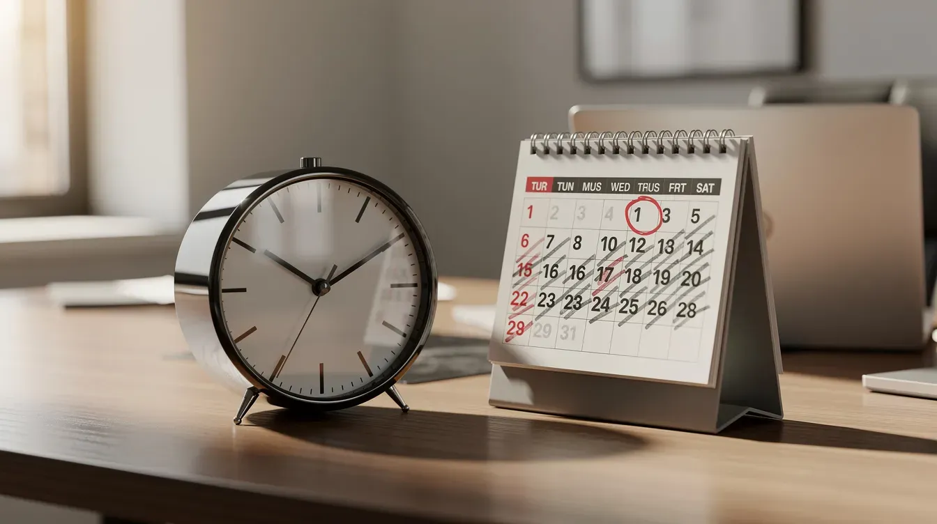 The image depicts a clock and a calendar placed on a desk, symbolizing a countdown period for individuals affected by the benefit cap, highlighting the importance of timing when claiming universal credit or other benefits. The scene conveys a sense of urgency and organization as people navigate their financial circumstances.