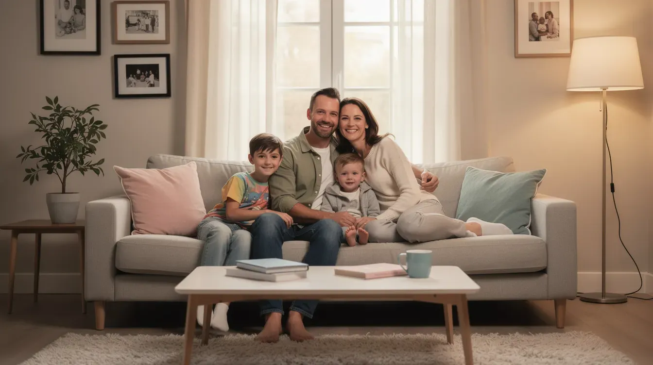 A family of four is sitting together on a comfortable sofa in their living room, smiling and enjoying each other's company. This scene reflects the warmth of family life, which can be supported by benefits like universal credit, especially for those facing low income or other financial challenges.