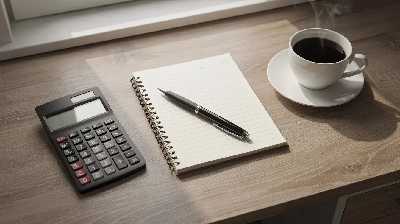 The image shows a calculator and a notepad placed on a wooden desk, alongside a steaming cup of coffee. This setup suggests a moment of planning or budgeting, possibly related to managing living costs or preparing to claim universal credit.