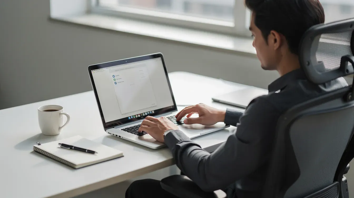 The image shows a person sitting at a desk, intently using a laptop computer, likely researching how to apply for universal credit or checking their universal credit account for updates on their claim. The workspace is organized, suggesting they are focused on understanding their eligibility for benefits or managing living costs.