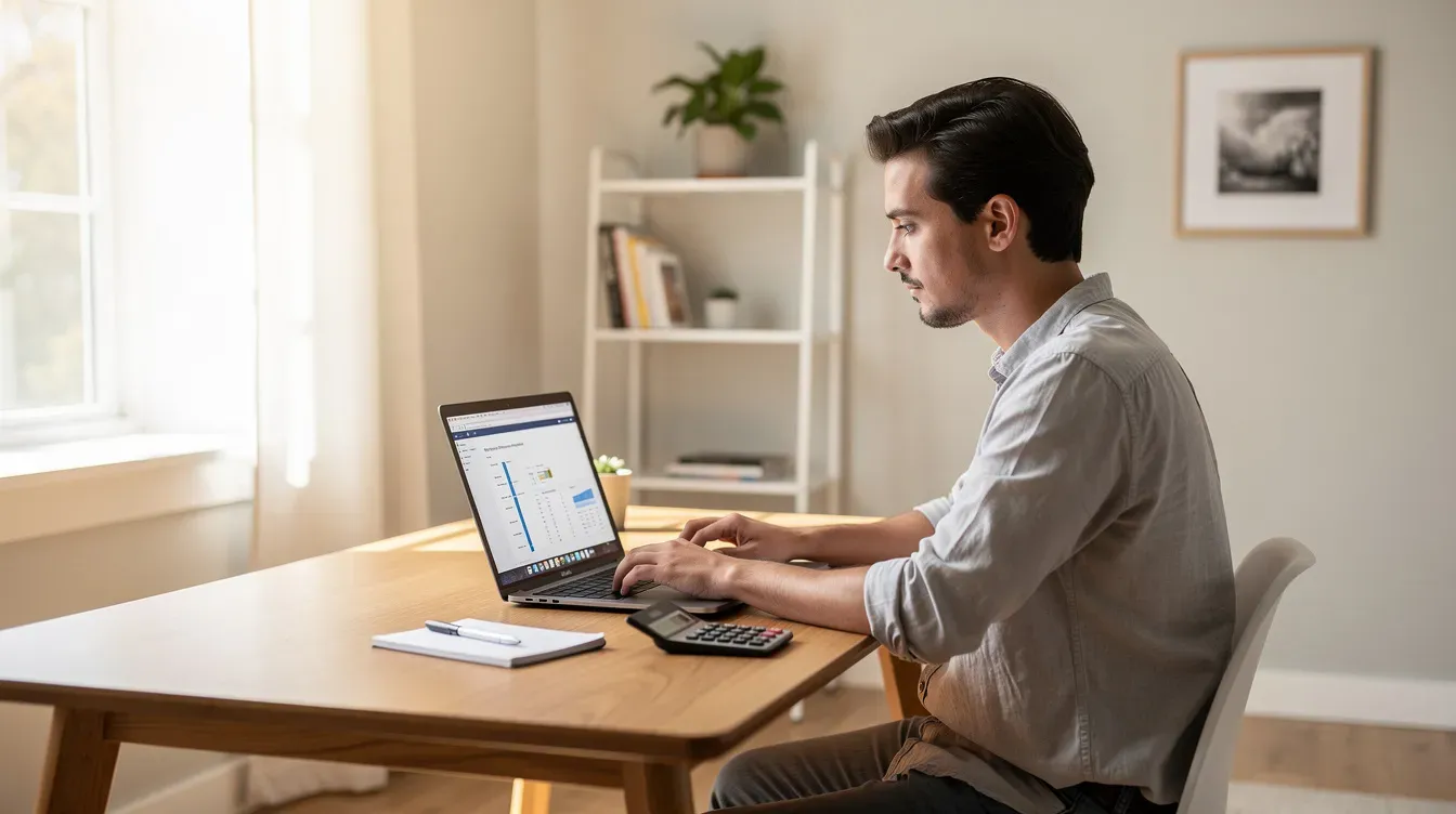 A person is seated at a modern laptop in a bright home office, with a calculator placed nearby, suggesting they are engaged in self employed work, possibly managing their income and expenses for their business. The vibrant setting indicates a productive environment for someone navigating the complexities of universal credit and self employment.