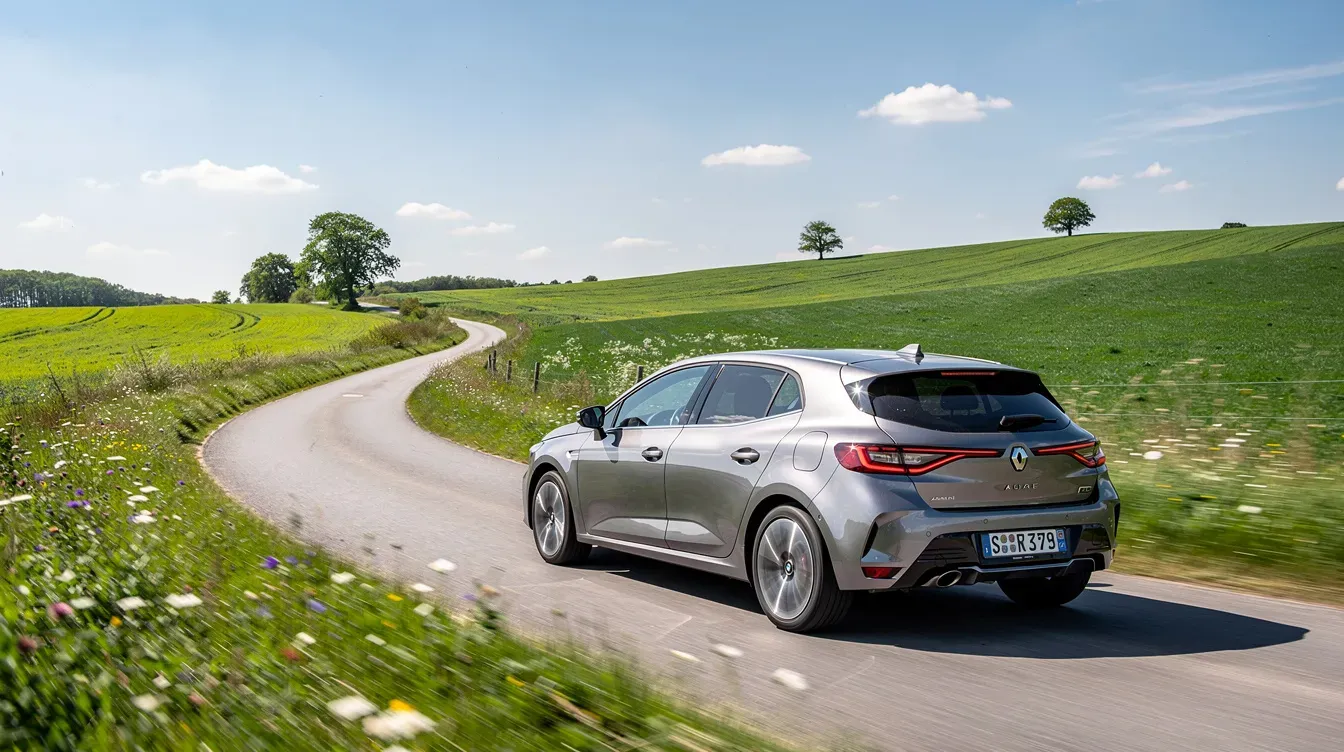 A silver hatchback car is driving along a winding countryside road on a sunny day, showcasing its sleek design and performance capabilities. The vehicle's engine power, often measured in brake horsepower (bhp), contributes to its dynamic driving experience in this picturesque setting.