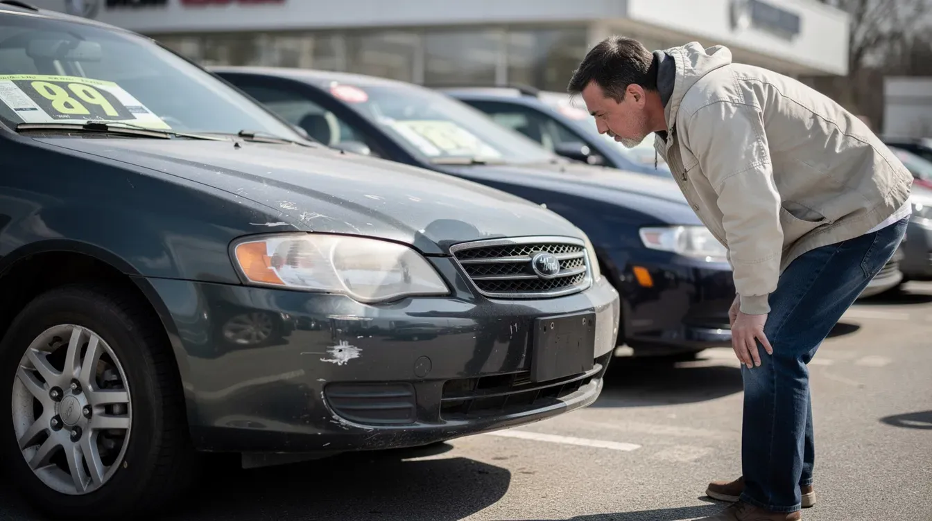 A person is closely examining the front of a used car at a dealership lot, leaning down to inspect the bodywork for any imperfections. The individual appears focused, possibly considering the vehicle's performance specifications and overall condition before making a purchase decision.