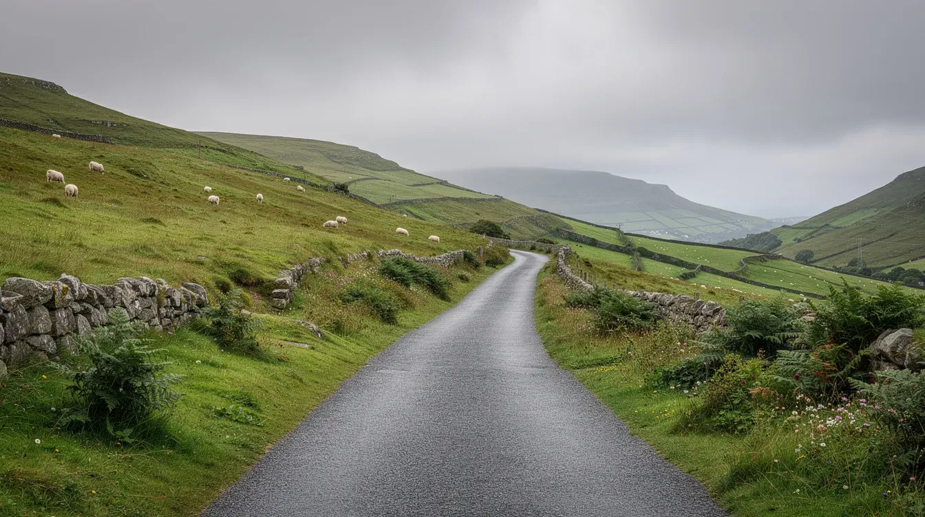 A picturesque rural road winds through lush green hills in Northern Ireland, showcasing the region's natural beauty. This serene landscape invites drivers to explore while ensuring their vehicles are roadworthy and compliant with MOT test requirements.
