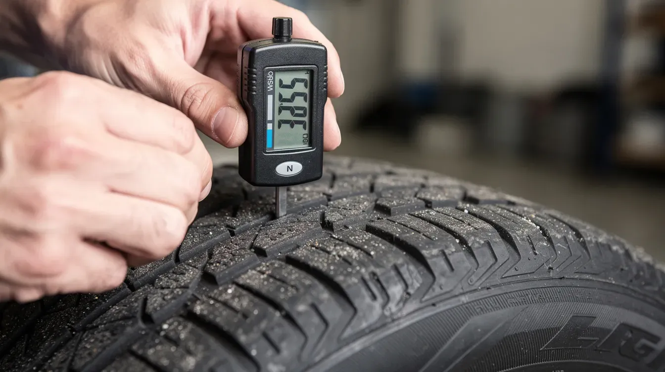 The image shows a close-up of a person using a gauge to check the tread depth of a tyre, ensuring it is in a roadworthy condition for their vehicle. This is an important step for drivers in Northern Ireland to maintain valid MOT status and ensure safe driving.