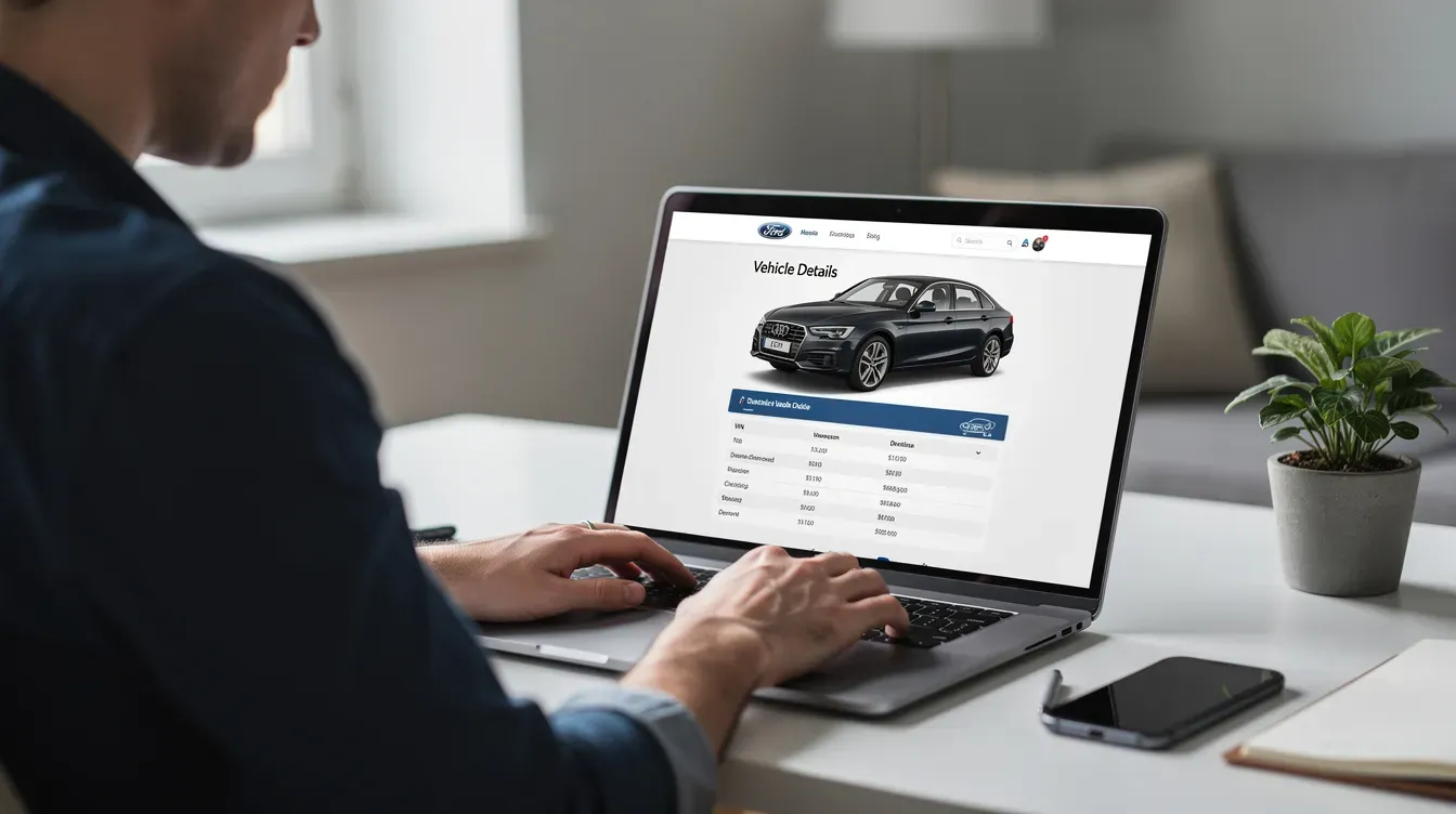 A person is sitting at a desk, using a laptop to check vehicle details online, possibly looking for their vehicle registration number or to book an MOT test. The screen may display information related to the Driver and Vehicle Agency in Northern Ireland, such as MOT appointment options and expiry dates.