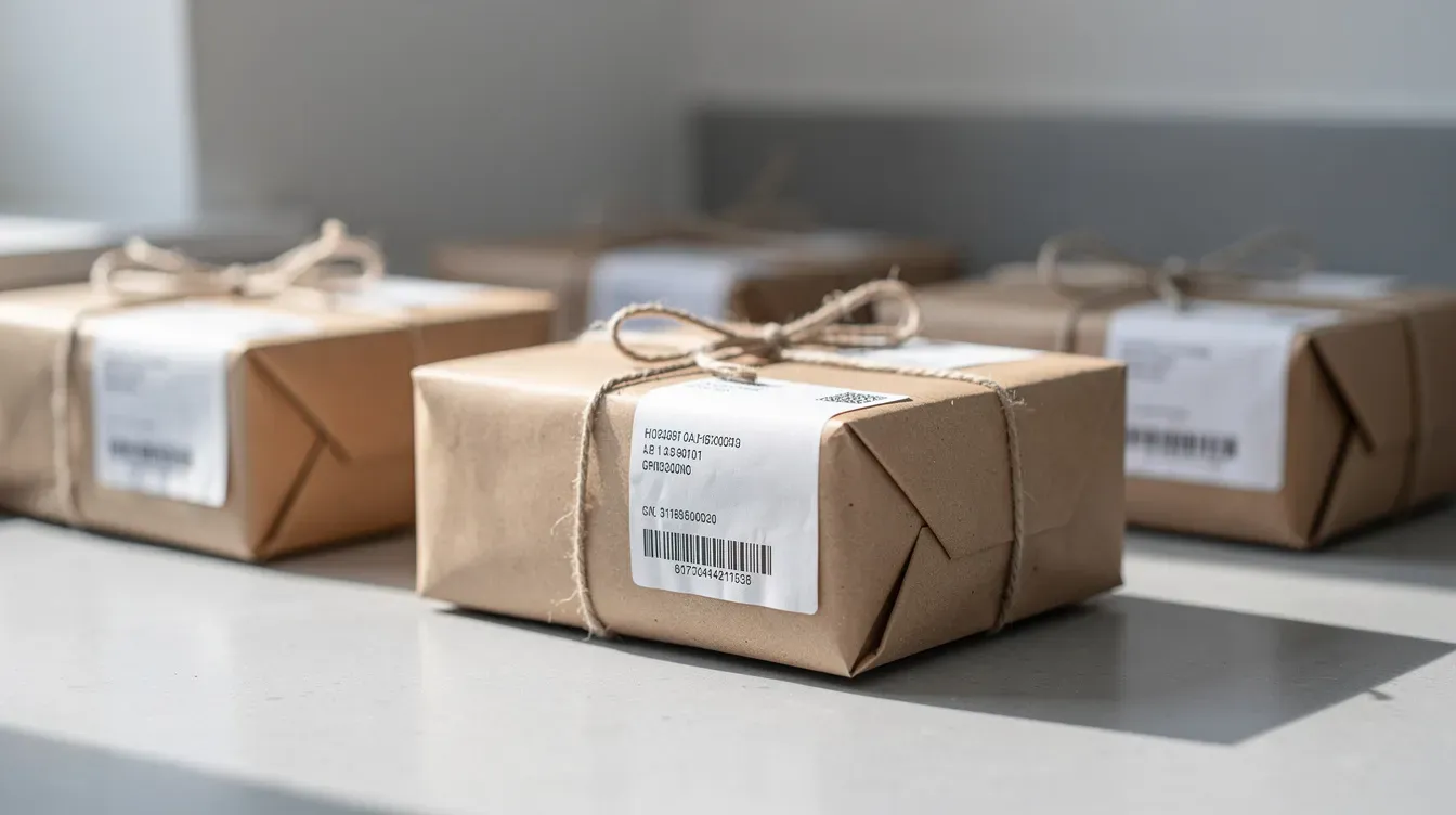 A collection of neatly wrapped brown paper parcels with address labels is arranged on a counter, showcasing the post office logo, likely ready for delivery through services such as Royal Mail. The setting suggests a busy post office environment, possibly in Liverpool, where packages are prepared for sending, including options for insurance and foreign currency services.