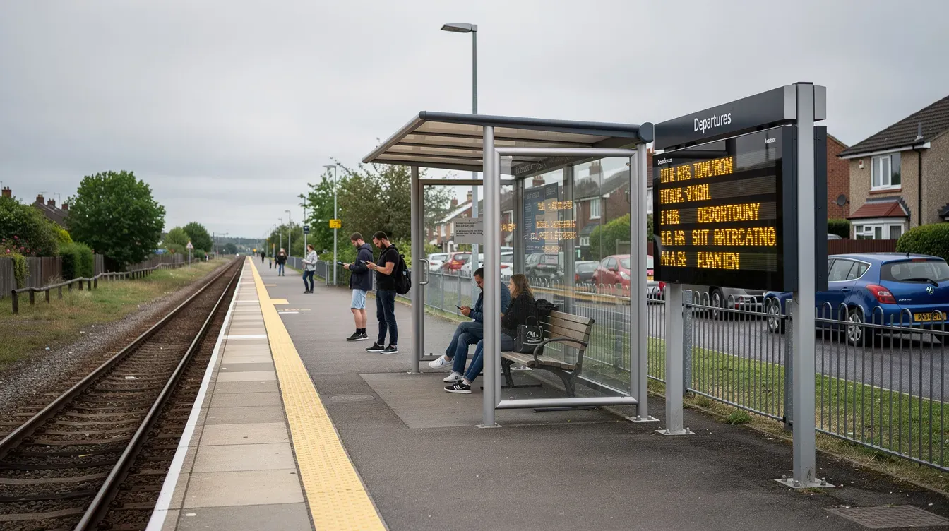 The image shows a suburban railway station platform featuring a small shelter and a digital departure board displaying train schedules. Nearby, there is a post office logo visible, indicating services related to the local post office on Holmefield Road in Liverpool.