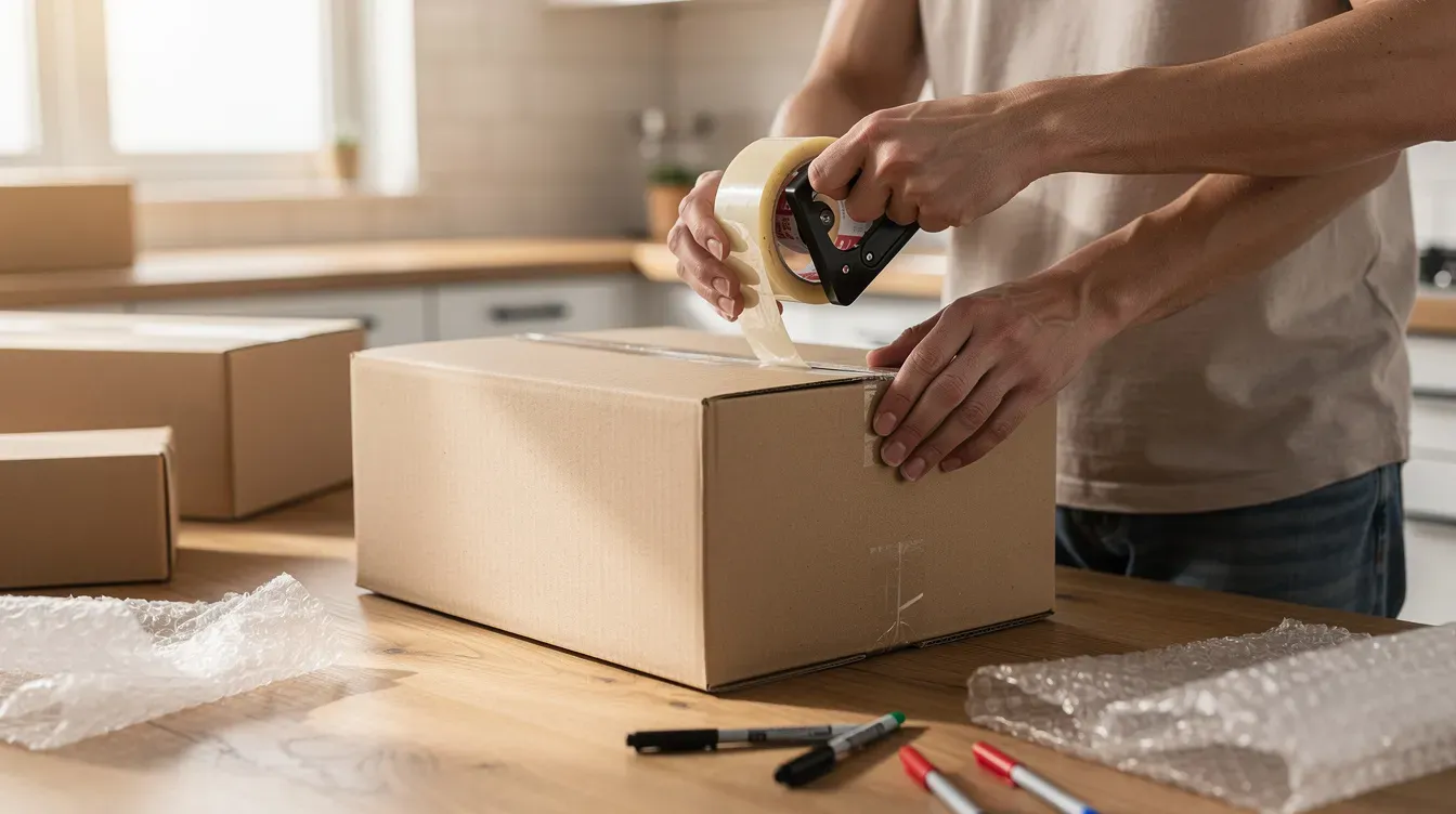A person is sealing a cardboard box with packing tape on a kitchen table, preparing it for shipment to the post office. The scene suggests a focus on mailing services, possibly related to sending items overseas, as indicated by the presence of foreign currency and insurance considerations.