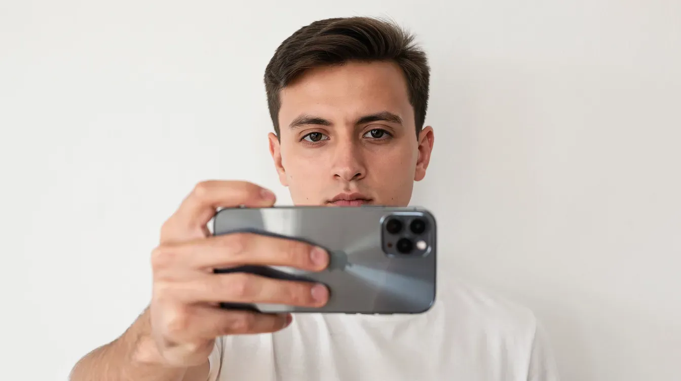 A person is taking a passport-style photo with a smartphone in front of a plain white wall at home, preparing for their passport application process. This digital photo will be essential for their new British passport or passport renewal, ensuring they meet the requirements set by HM Passport Office.