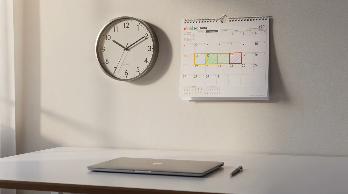 The image depicts a wall clock indicating early morning time alongside a calendar on a clean desk, with midweek days highlighted. This serene setup suggests a fresh start to the day, perfect for planning visits to the passport office or tracking important documents.