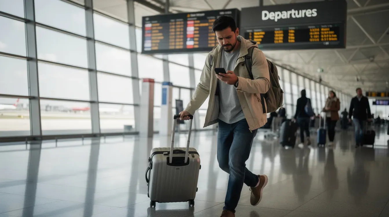 A traveler at an airport departure terminal is pulling a suitcase while anxiously checking their phone, possibly for updates on their passport application or travel details. The scene captures the hustle and bustle of travel, highlighting the importance of having all necessary documents ready before flying.