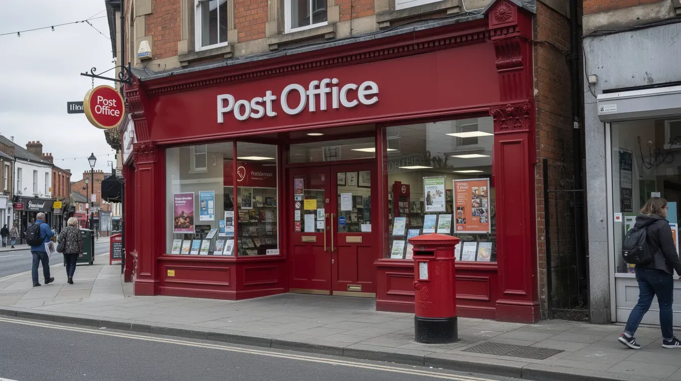 The image shows the exterior of a traditional UK Post Office branch with a distinctive red front, located on a busy high street. This post office serves as a vital hub for services such as passport applications and tracking, providing support for customers during the process of submitting and collecting important documents.