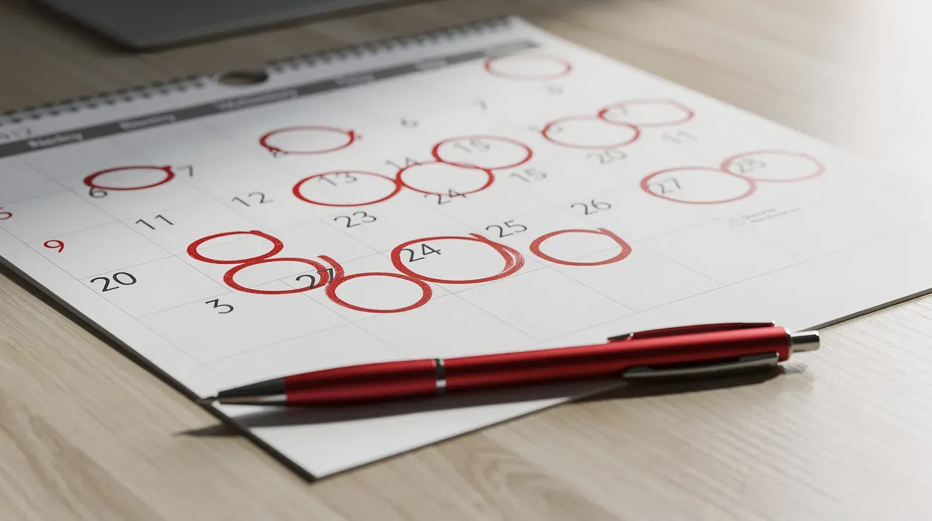 The image shows a wall calendar placed on a wooden desk, featuring several dates circled in red pen, likely indicating important deadlines related to passport applications or UK bank holidays. This visual serves as a reminder for tracking application processes and turnaround times at the passport office.