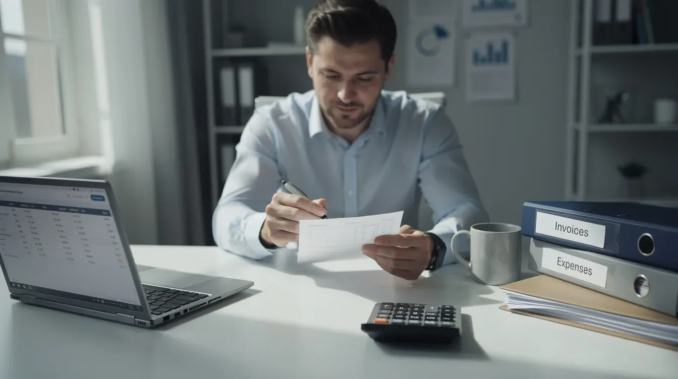The image shows a person sitting at a desk, engaged in reviewing financial paperwork, with a calculator and a laptop positioned nearby, highlighting the importance of managing income and capital gains for UK tax purposes. The scene reflects the diligence required in understanding personal tax obligations, such as income tax rates and national insurance contributions.